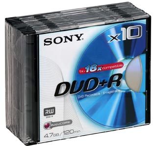 Диск DVD+R Sony 4,7 Гб 16x 1шт 10DPR120BSL